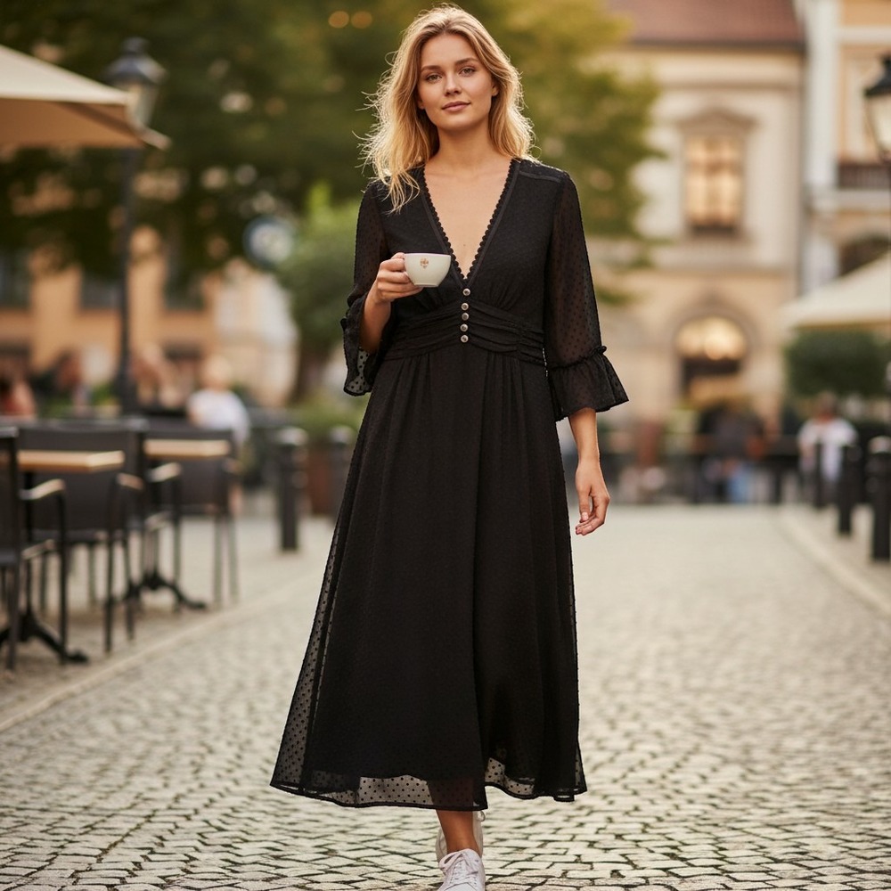 DEPT midi dress women large black swiss dot v-neck 3/4 sleeve bohemian goth
